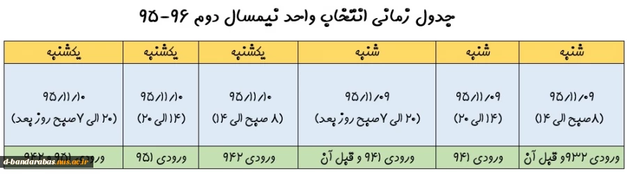 جدول زمانی انتخاب واحد نیمسال دوم 96-95