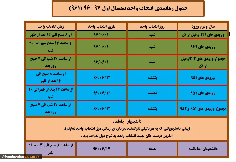 *** اطلاعیه مهم انتخاب واحد : جدول زمانبندی انتخاب واحد نیمسال اول 97-96 ( 961)