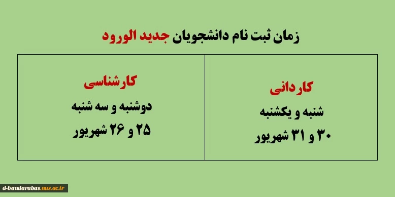 زمان ثبت نام دانشجویان جدید الورود 2