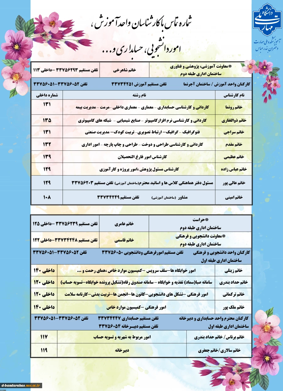 تلفن های واحد آموزش ، اموردانشجویی و ... 3